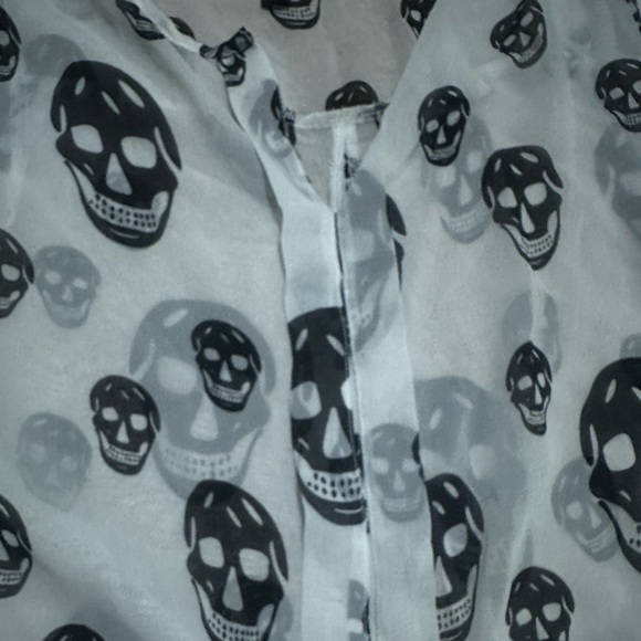 Sheer White with Black Skulls Blouse with Roll-up Sleeves - Picture 6 of 10